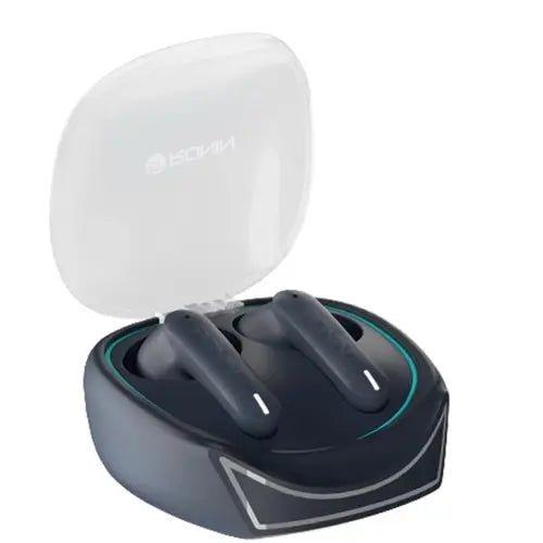 A pair of blue Ronin R-520 Wireless Earbuds in an open charging case.