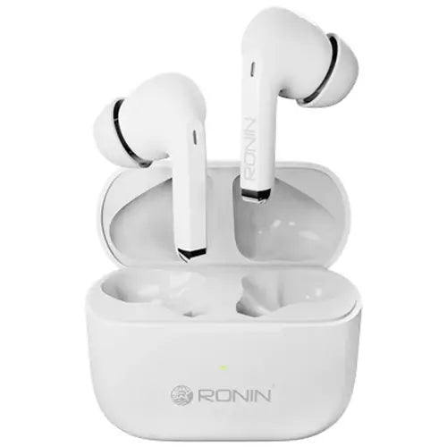 A pair of white Ronin R-720 Sound Station Wireless Earbuds earbuds in an open charging case.