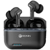 A pair of black Ronin R-820 Wireless Earbuds earbuds in their charging case.