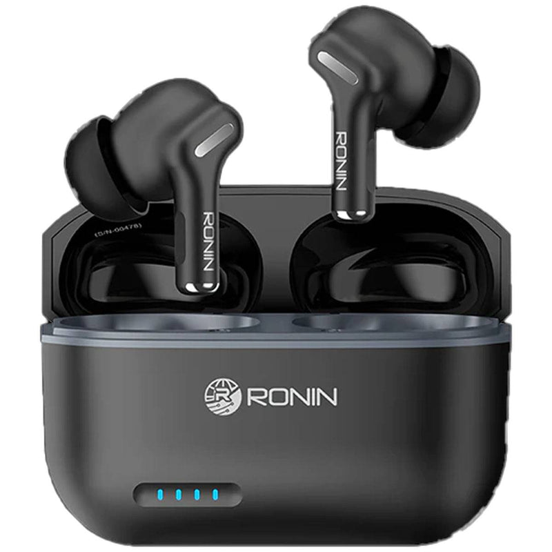 A pair of black Ronin R-820 Wireless Earbuds earbuds in their charging case.