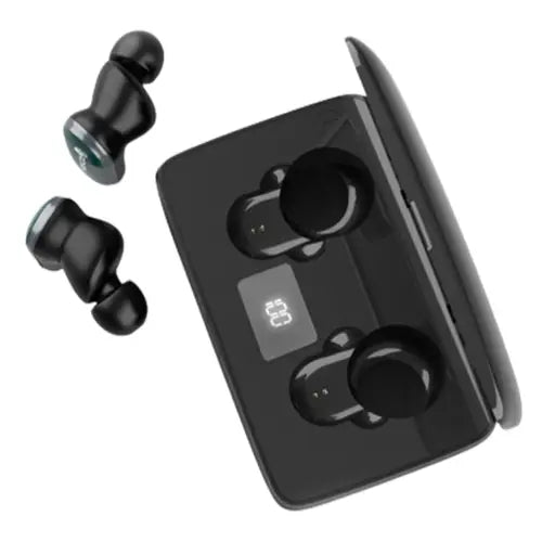 A single black and black Ronin TWS Smart Wireless Earphone (R-960) placed outside its open charging case, which is black with a digital display.