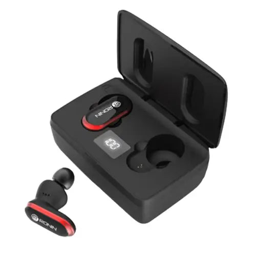 A single black and red Ronin TWS Smart Wireless Earphone (R-960) placed outside its open charging case, which is black with a digital display.