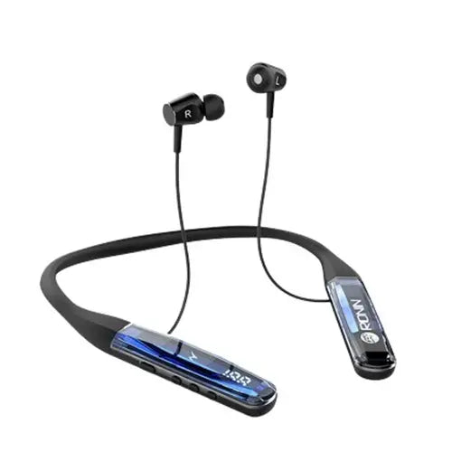 Ronin Wireless Earbuds Neckband R-270 is a pair of Ronin wireless earbuds with a neckband design, predominantly black with blue accents.