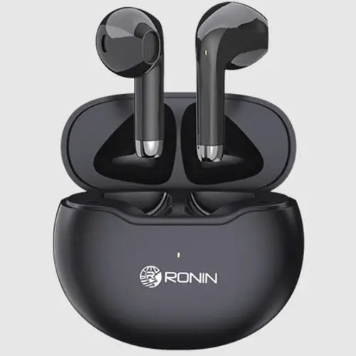 A pair of black Ronin Wireless Earbuds R-475 earbuds in their charging case.