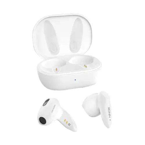 A pair of white Ronin wireless in-ear headphones (R-590) with a charging case