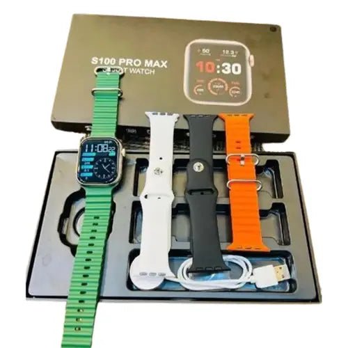 S100 Pro Max a smart watch with a multiple color straps displayed.