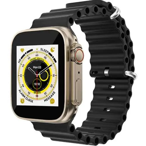 S8 Ultra A digital smart watch with a silver metal case and an black silicone strap, displaying a colorful watch face.