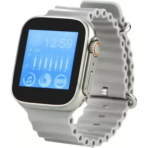 S8 Ultra A digital smart watch with a silver metal case and an white silicone strap, displaying a colorful watch face.
