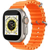 S8 Ultra A digital smart watch with a silver metal case and an orange silicone strap, displaying a colorful watch face.