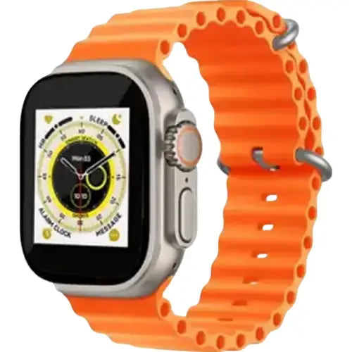 S8 Ultra A digital smart watch with a silver metal case and an orange silicone strap, displaying a colorful watch face.