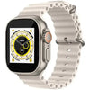 S8 Ultra A digital smart watch with a silver metal case and an white silicone strap, displaying a colorful watch face.