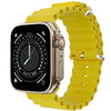 S8 Ultra A digital smart watch with a silver metal case and an yellow silicone strap, displaying a colorful watch face.