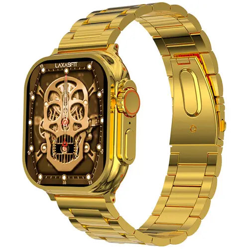 S9 Ultra Max A gold-colored smartwatch with a skull pattern on the watch face and a metal band.
