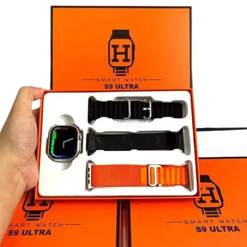 S9 ultra smart watch in a box pack and 3 strap in it