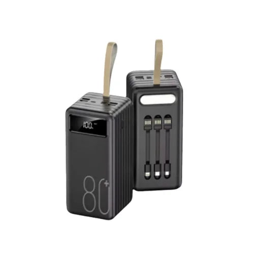 A black SOVO 80,000 mAh, Built-in 3 Cable With Type-C, Micro lightning, Four USB Output Power Bank
