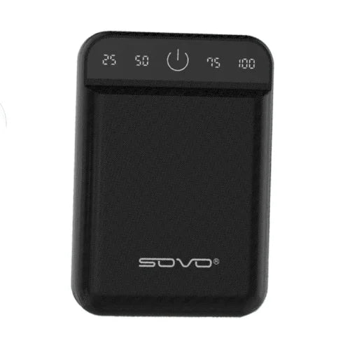 A black SOVO P1 6000 mAh power bank with USB and Micro USB ports.