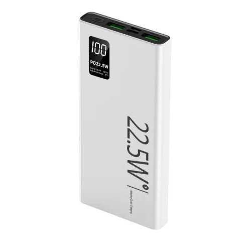 A white SOVO PD 100 10000 mAh portable charger power bank with digital display showing battery percentage.