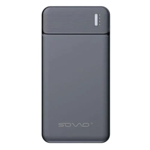 A black SOVO PD 103 10000 mAh Portable Charger Power Bank with a digital display and a USB charging port.