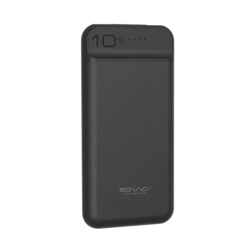 A black SOVO Rocco SPB-611 10000mAh portable charger power bank with a digital display showing the power level.