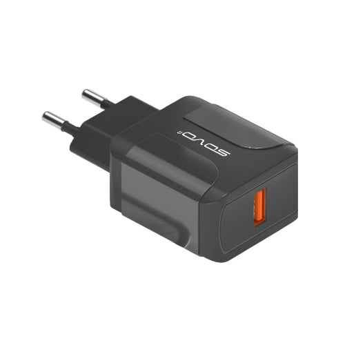 A black SOVO SE-53 Hi-Speed 20W quick charge power adapter with a single USB port.