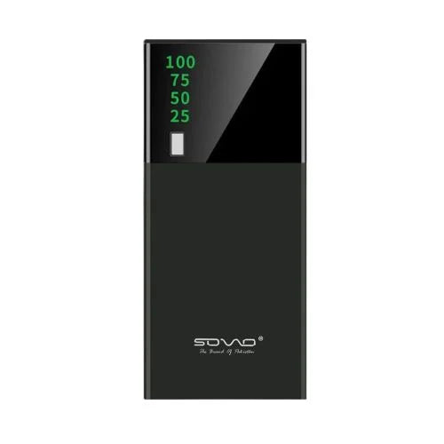 A black SOVO T20 6000 mAh Portable Charger Power Bank with a digital display showing battery percentage.