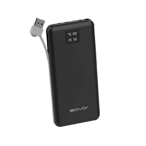A black SOVO X22 10000 mAh power bank with a digital display and attached cables.
