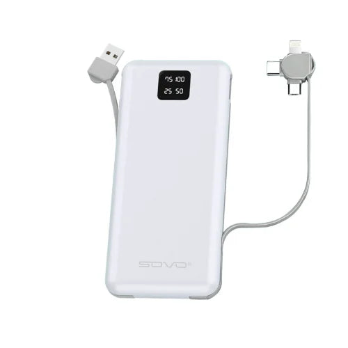 A white SOVO X22 10000 mAh power bank with a digital display and attached cables.