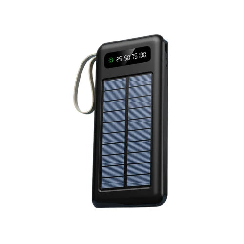 A black SOVO X26 10000 mAh Power Bank with a digital display, with a white cable attached to it.