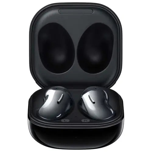 Samsung Buds Live earphones in black color placed inside the charging case