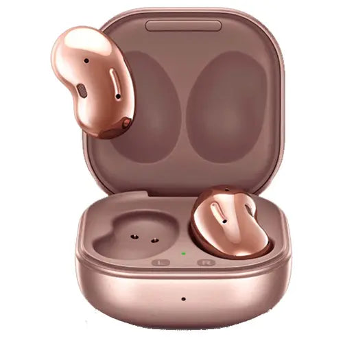 Samsung Buds Live earphones in mystic brown color placed inside the charging case