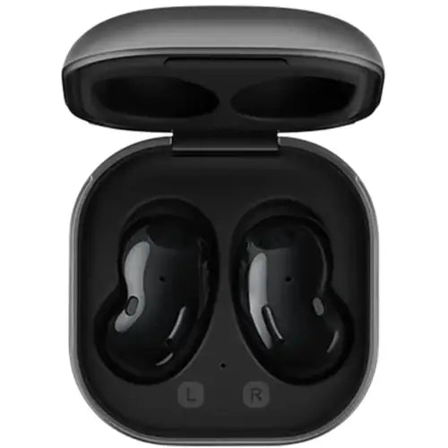 Samsung Buds Live earphones in black color placed inside the charging case