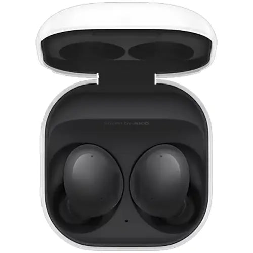 Samsung Galaxy Buds 2 earphones in black color, placed inside their charging case.