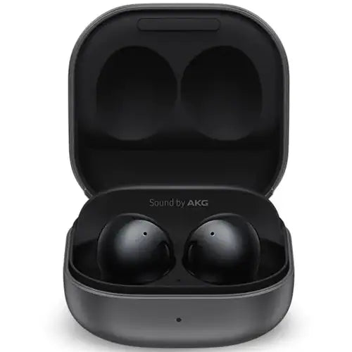 Samsung Galaxy Buds 2 earphones in black color, placed inside their charging case.