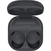 Samsung Galaxy Buds 2 Pro earphones in graphite color, with the charging case open.