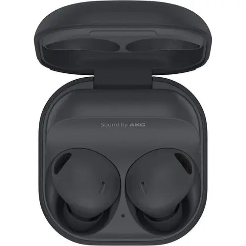 Samsung Galaxy Buds 2 Pro earphones in graphite color, with the charging case open.