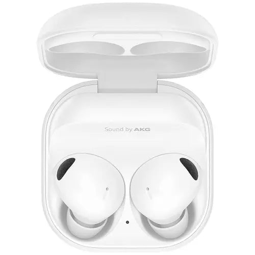 Samsung Galaxy Buds 2 Pro earphones in white color, with the charging case open.