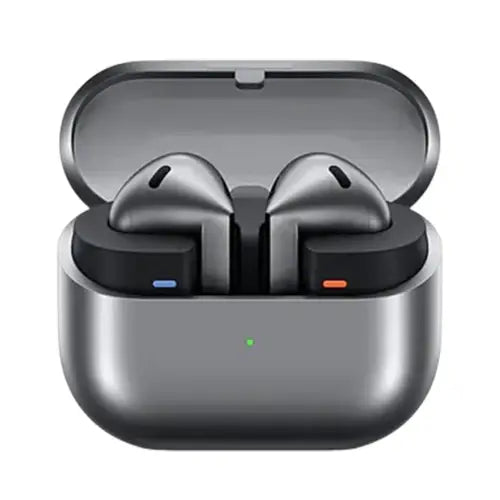 A pair of black Samsung Galaxy Buds 3 earphones in their charging case.