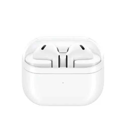 A pair of white Samsung Galaxy Buds 3 earphones in their charging case.