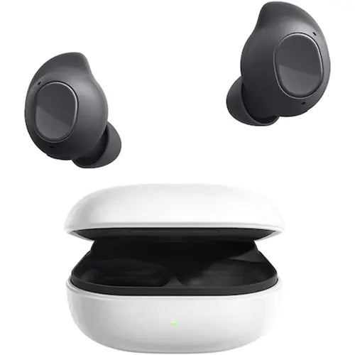 Samsung Galaxy Buds FE wireless earphones in black color with a white charging case open to show the earphones inside.