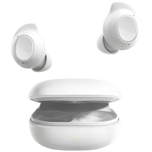Samsung Galaxy Buds FE wireless earphones in white color with a white charging case open to show the earphones inside.