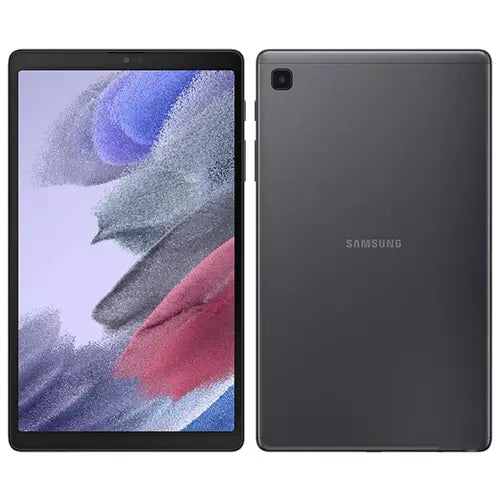 Samsung Galaxy Tab A7 Lite 8.7 Inches T225N in grey color, front and back view with the screen on.