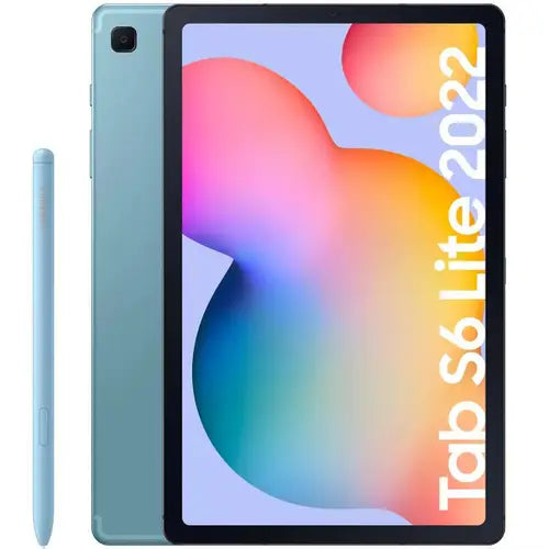 Samsung Galaxy Tab S6 Lite 10.4 inches P613 tablet in blue color with a stylus pen, showcasing the front screen display and the back side of the tablet.