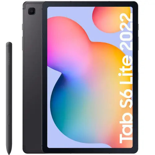 Samsung Galaxy Tab S6 Lite 10.4 inches P613 in grey color with colorful display and stylus on a white background.