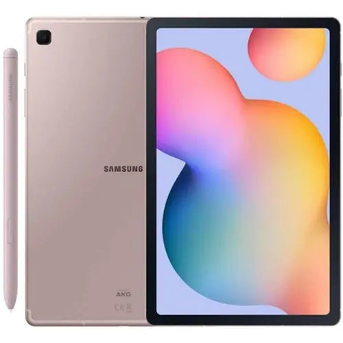 Samsung Galaxy Tab S6 Lite 10.4 inches P613 in pink color with colorful display and stylus on a white background.