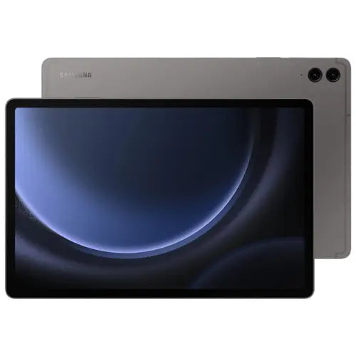 Samsung Galaxy Tab S9 FE Plus WiFi tablet in grey color with a visible rear camera and LED flash.