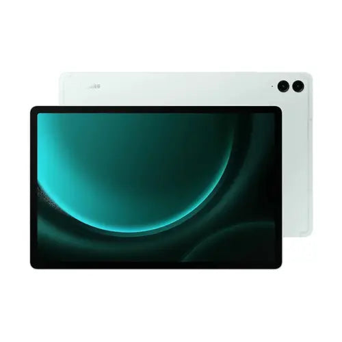 Samsung Galaxy Tab S9 FE Plus WiFi tablet in mint color with a visible rear camera and LED flash.