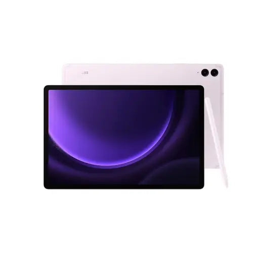 Samsung Galaxy Tab S9 FE Plus WiFi tablet in lavender color with a visible rear camera and LED flash.
