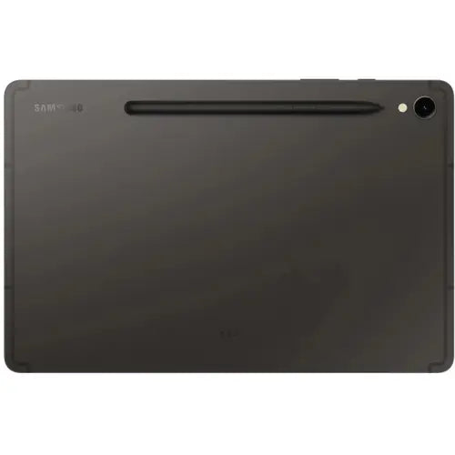 Samsung Galaxy Tab S9 X710 in black color tablet with Samsung logo  and pen on a white background.