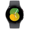 Samsung Galaxy Watch 5 with a black strap and a black display showing colorful watch faces
