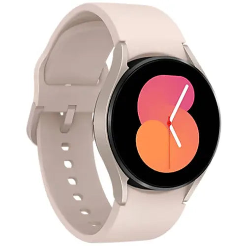 Samsung Galaxy Watch 5 with a pink strap and a black display showing colorful watch faces